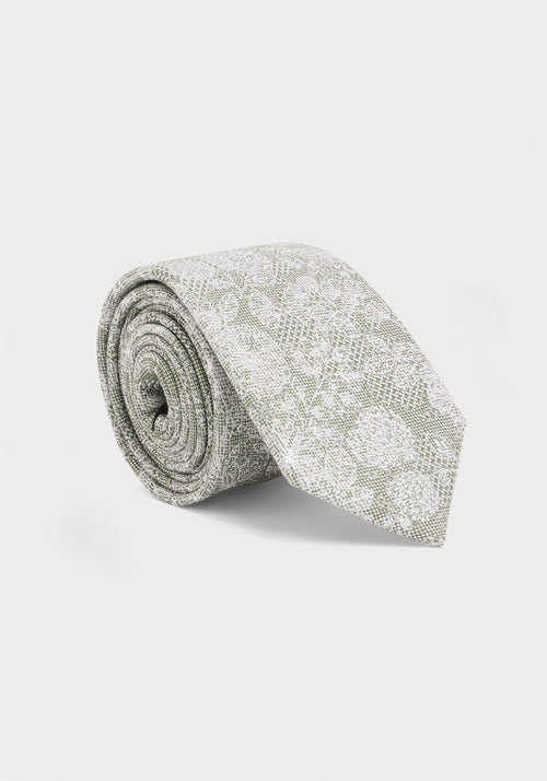 Cravate large en coton et soie vert d'eau à motif fleuri blanc - Father & Sons   -  