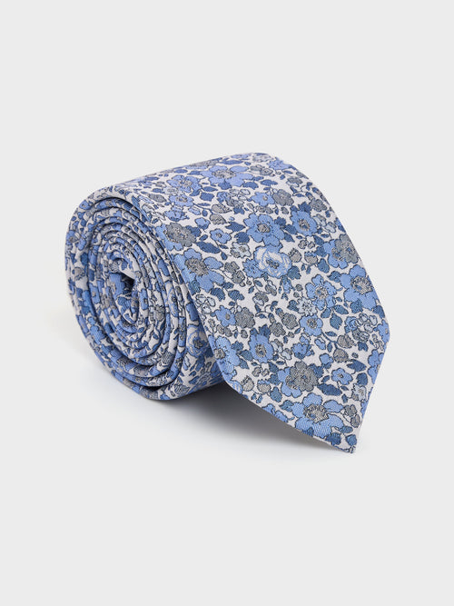 Cravate large en soie mélangée à motif fleuri bleu indigo - Father & Sons   -  