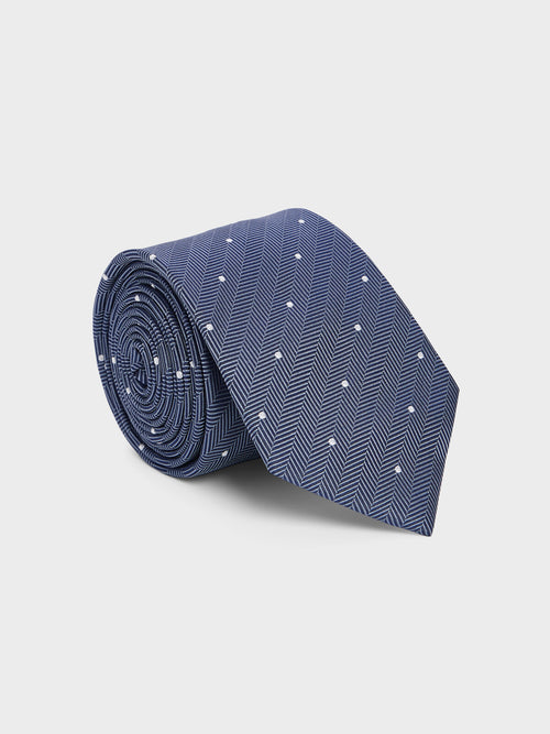 Cravate large en soie bleu indigo à pois - Father & Sons   - 1 