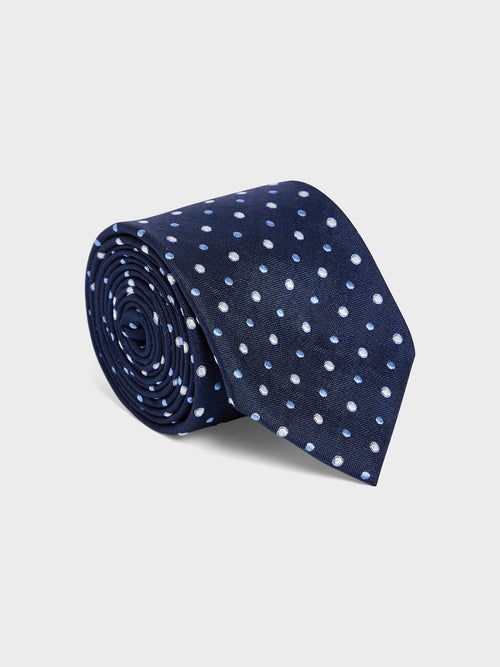 Cravate large en soie bleu indigo à pois - 1 - Father & Sons   - 20 