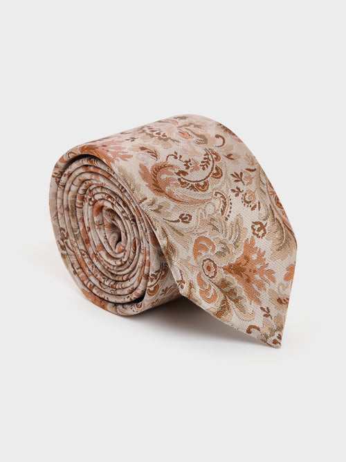 Cravate large en soie mélangée à motif fleuri terracotta - Father & Sons   -  