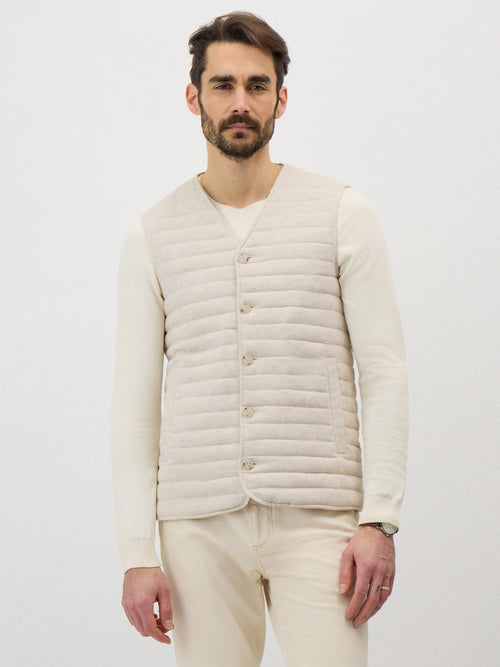 Doudoune sans manches en coton et lin beiges - 1 - Father & Sons   - 2 