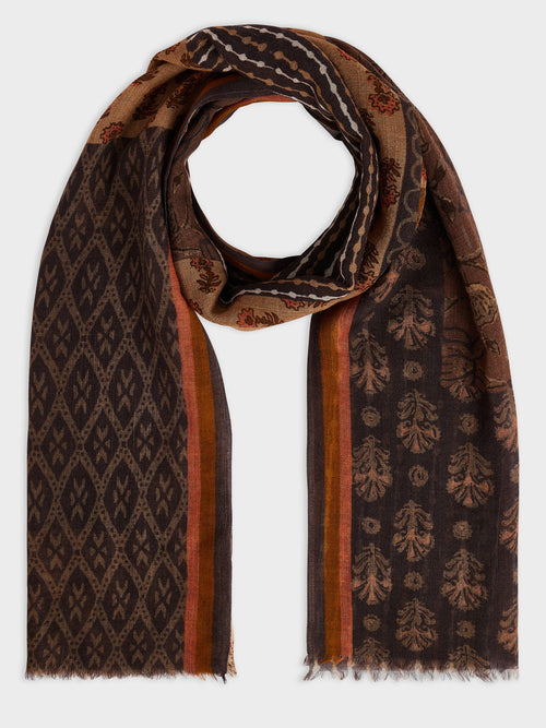 Echarpe en laine Mérinos marron à motif - Father & Sons   - 1 
