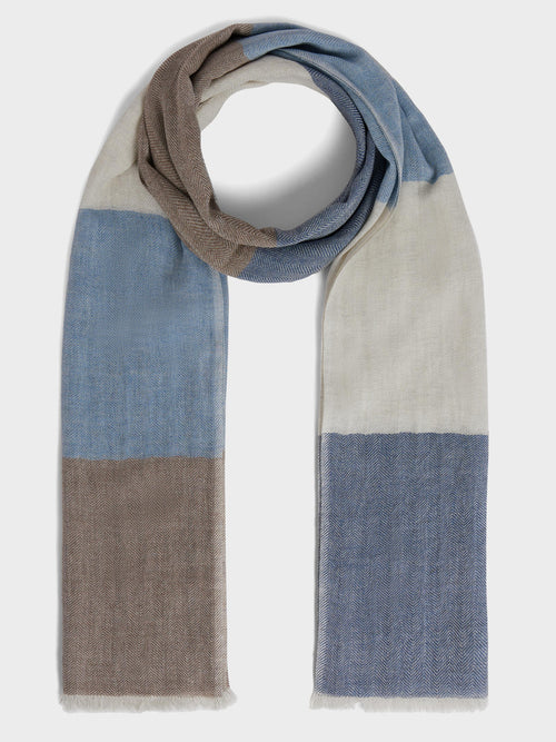 Echarpe en coton et lin à rayures bleu et marron - 1 - Father & Sons   - 6 