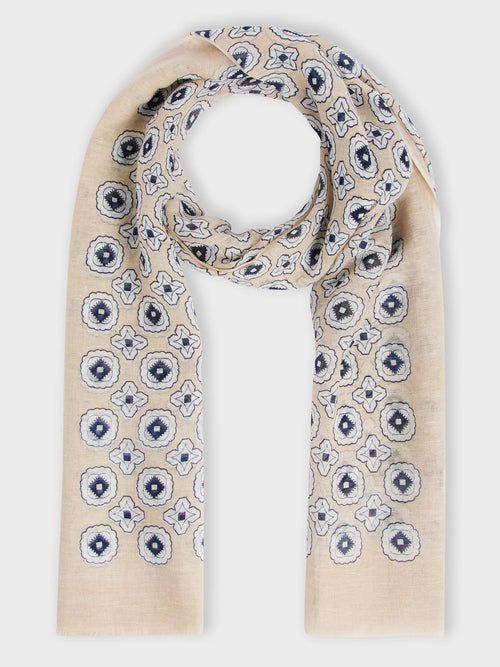 Echarpe en coton et lin écrus à motif bleu marine - 1 - Father & Sons   - 3 