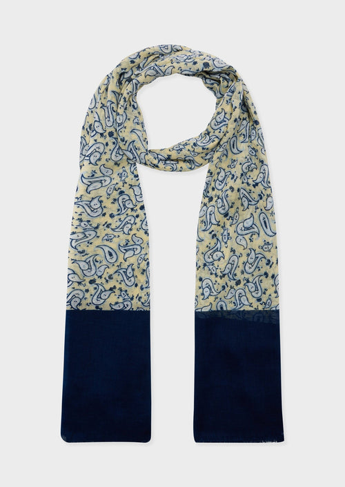 Echarpe en coton jaune à motif fantaisie bleu et blanc - 1 - Father & Sons   - 11 