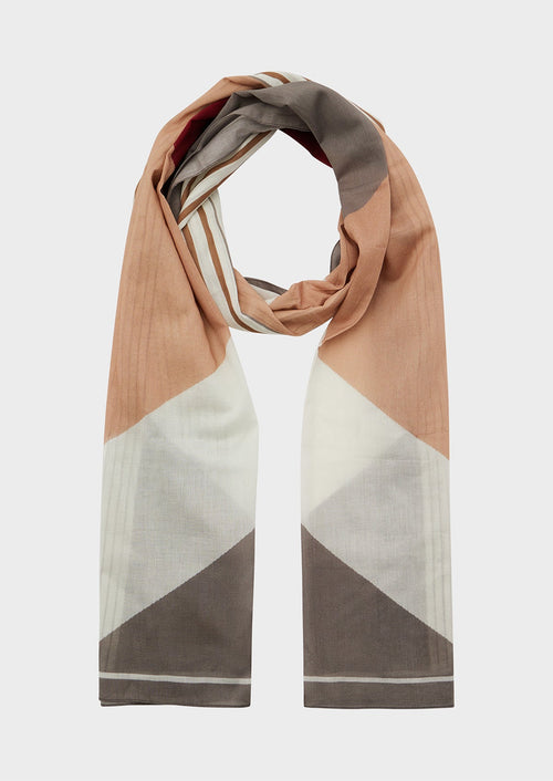 Echarpe en coton taupe à motifs géométriques gris, rose et écru - 1 - Father & Sons   - 16 