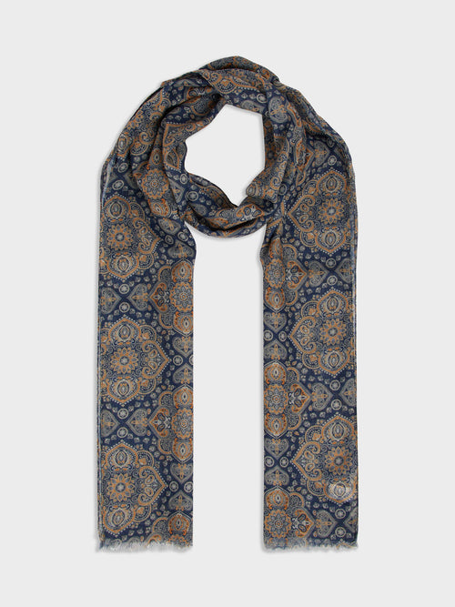 Echarpe bleu marine à motif marron - 1 - Father & Sons   - 6 