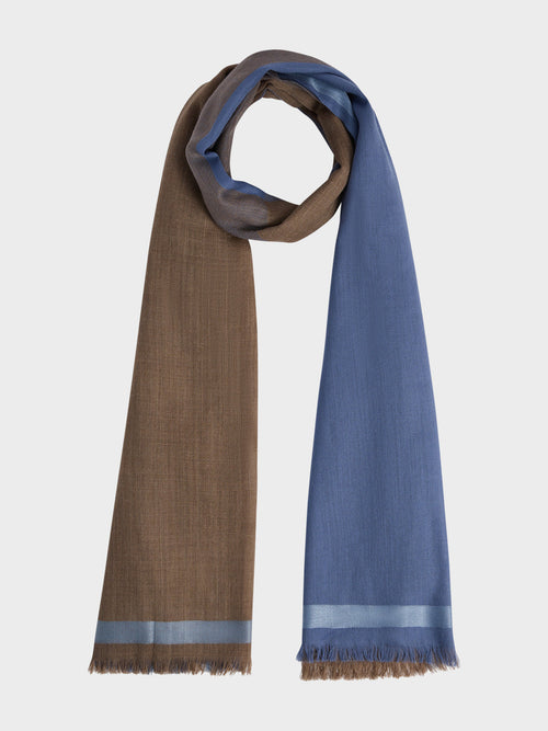 Echarpe en laine et soie bleu turquin et marron à rayures - 1 - Father & Sons   - 16 