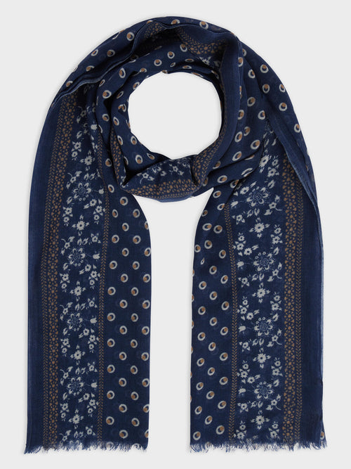 Echarpe en laine Mérinos bleu indigo à motif - Father & Sons   - 1 