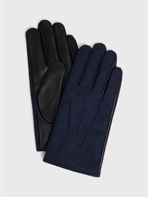 Gants bi-matière en cuir et chevron bleu indigo - 1 - Father & Sons   - 14 