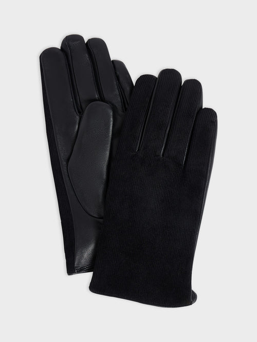 Gants bi-matière en cuir et velours côtelé noirs - 1 - Father & Sons   - 15 