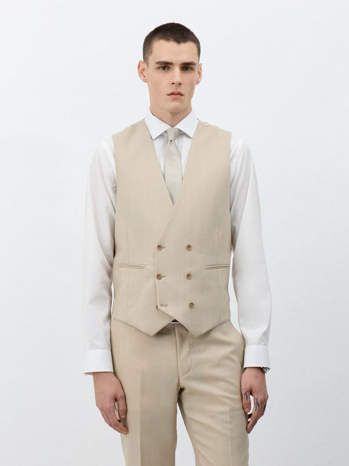 Gilet de costume croisé en laine beige - 1 - Father & Sons   - 2 