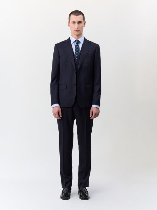 Gilet de costume en laine bleu marine à rayures - Father & Sons   - 4 