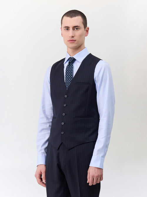 Gilet de costume en laine bleu marine à rayures - 1 - Father & Sons   - 12 