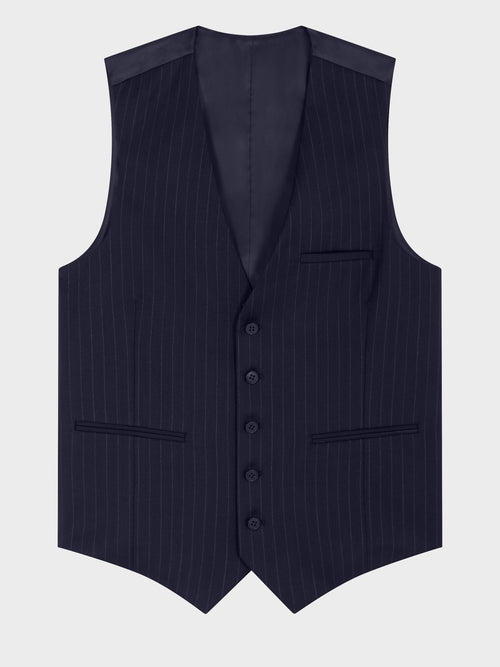 Gilet de costume en laine bleu marine à rayures - Father & Sons   - 5 