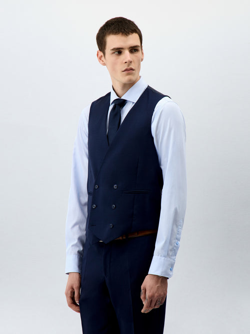 Gilet de costume croisé en laine bleu marine Prince de Galles - 1 - Father & Sons   - 19 