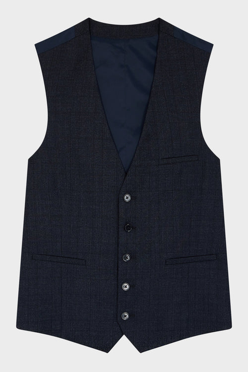 Gilet de costume en laine et polyester recyclé bleu marine Prince de Galles - Father & Sons   - 1 