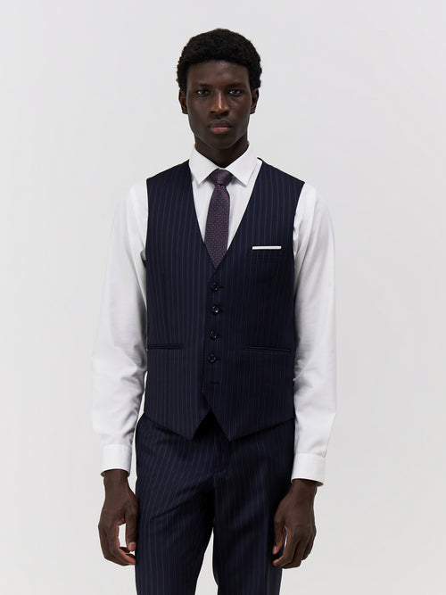 Gilet de costume en laine bleu marine à rayures - 1 - Father & Sons   - 16 