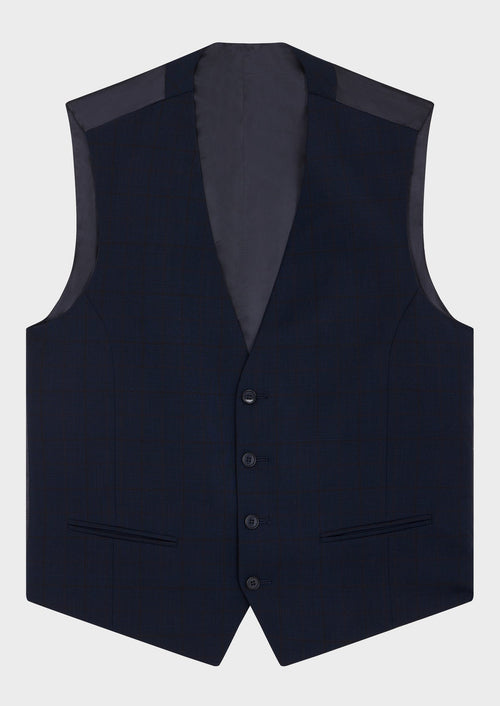 Gilet de costume en laine stretch bleu indigo Prince de Galles - 1 - Father & Sons   - 7 