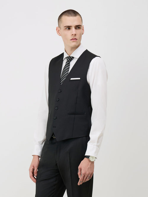 Gilet de costume en laine Marzotto unie noire - 1 - Father & Sons   - 12 
