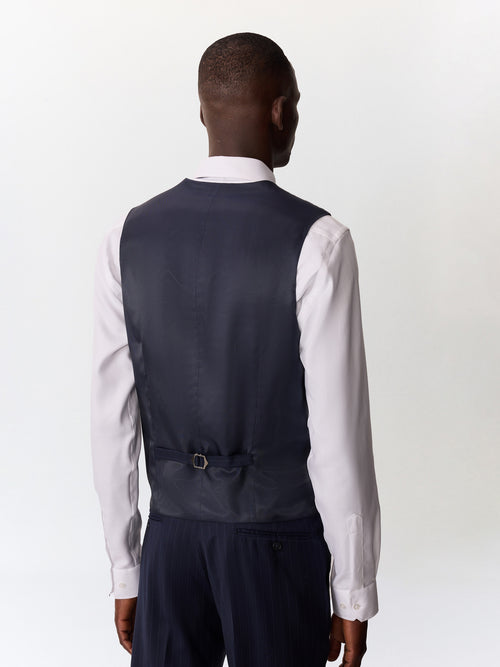Gilet de costume en laine bleu indigo à rayures - Father & Sons   - 3 