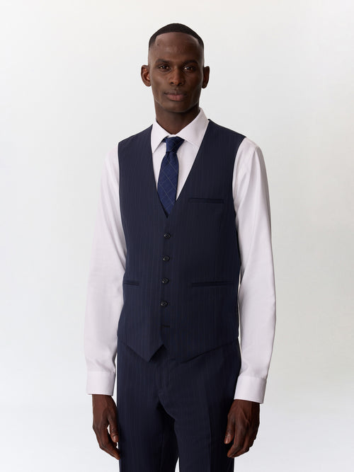 Gilet de costume en laine bleu indigo à rayures - 1 - Father & Sons   - 18 