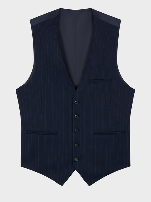 Gilet de costume en laine bleu indigo à rayures - Father & Sons   -  