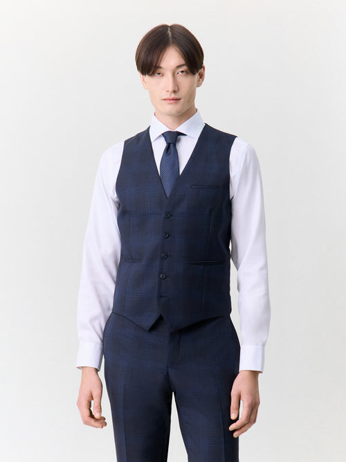 Gilet de costume en laine bleu marine Prince de Galles - 1 - Father & Sons   - 14 