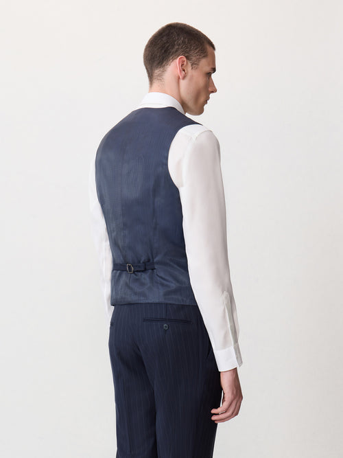 Gilet de costume en laine bleu marine à rayures - 2 - Father & Sons   - 6 
