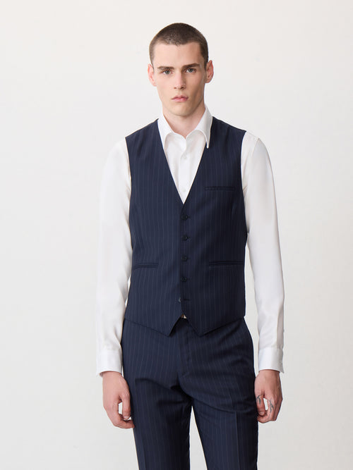 Gilet de costume en laine bleu marine à rayures - 1 - Father & Sons   - 6 
