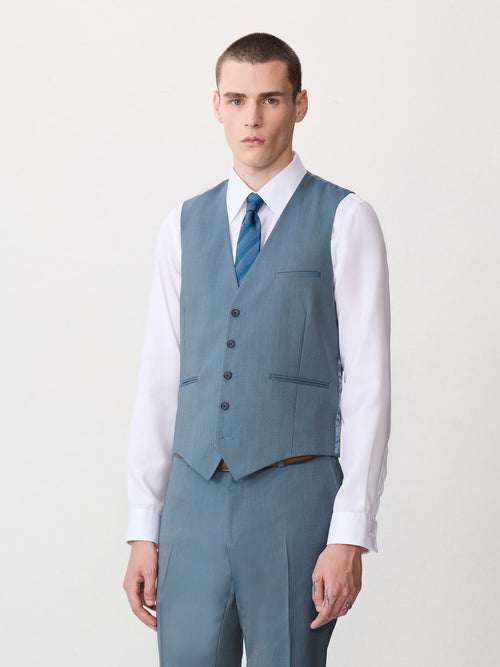 Gilet de costume en laine bleu céruléen - 1 - Father & Sons   - 10 