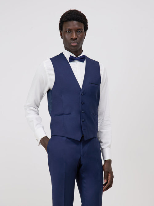 Gilet de smoking en laine unie bleu indigo - 1 - Father & Sons   - 6 