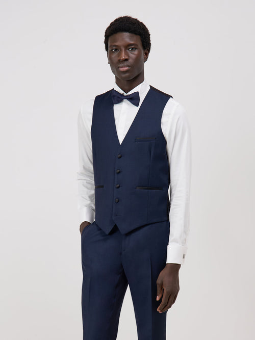 Gilet de smoking en laine unie bleu marine - 1 - Father & Sons   - 5 
