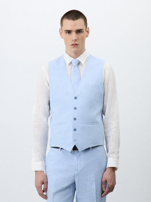 Gilet de costume en lin et coton bleu ciel - 1 - Father & Sons   - 6 
