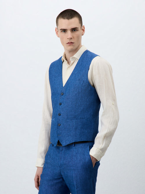 Gilet de costume en lin bleu indigo - Father & Sons   - 1 