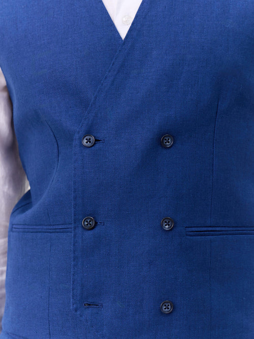 Gilet de costume croisé en lin bleu indigo - Father & Sons   - 3 