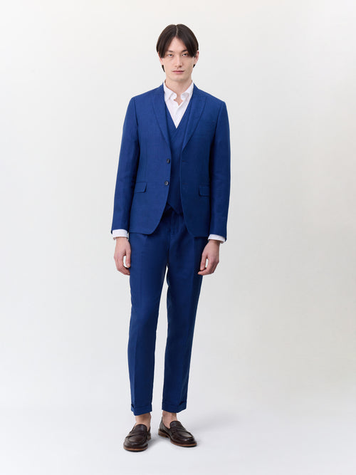 Gilet de costume croisé en lin bleu indigo - Father & Sons   - 4 