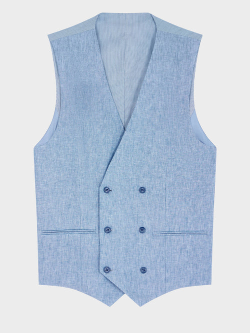 Gilet de costume croisé en lin bleu jeans - Father & Sons   - 4 