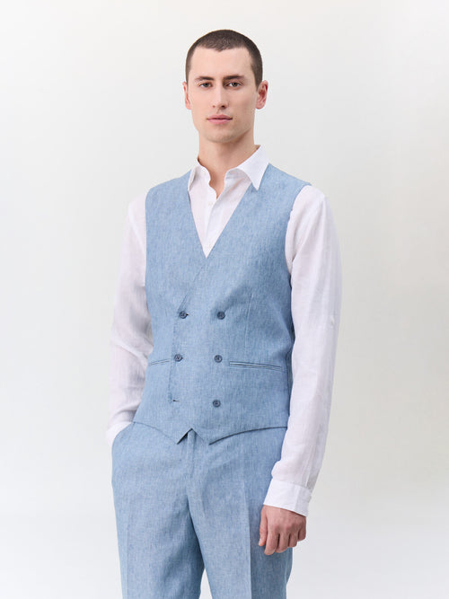 Gilet de costume croisé en lin bleu jeans - 1 - Father & Sons   - 5 