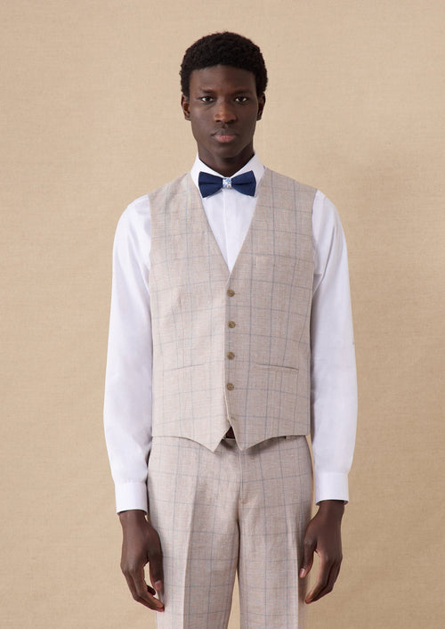 Gilet casual en lin et coton beiges Prince de Galles - 1 - Father & Sons   - 13 