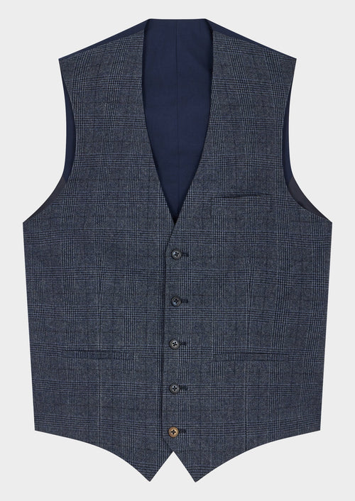 Gilet casual en coton stretch bleu indigo Prince de Galles - 1 - Father & Sons   - 13 