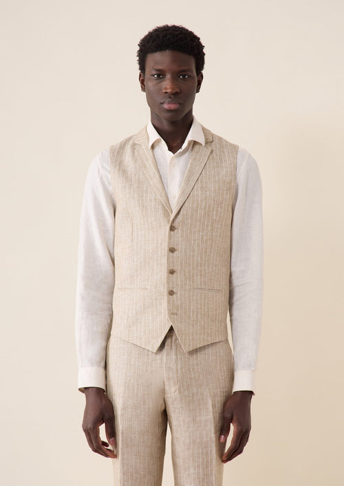 Gilet casual en lin beige à rayures blanches - Father & Sons   - 1 