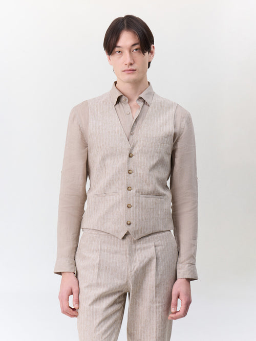 Gilet de costume en lin et coton marron clair à rayures - 1 - Father & Sons   - 20 