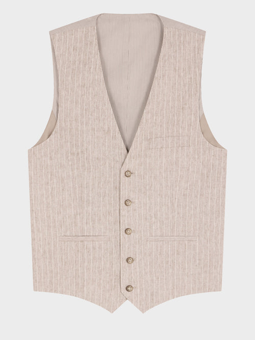 Gilet de costume en lin et coton marron clair à rayures - Father & Sons   - 4 