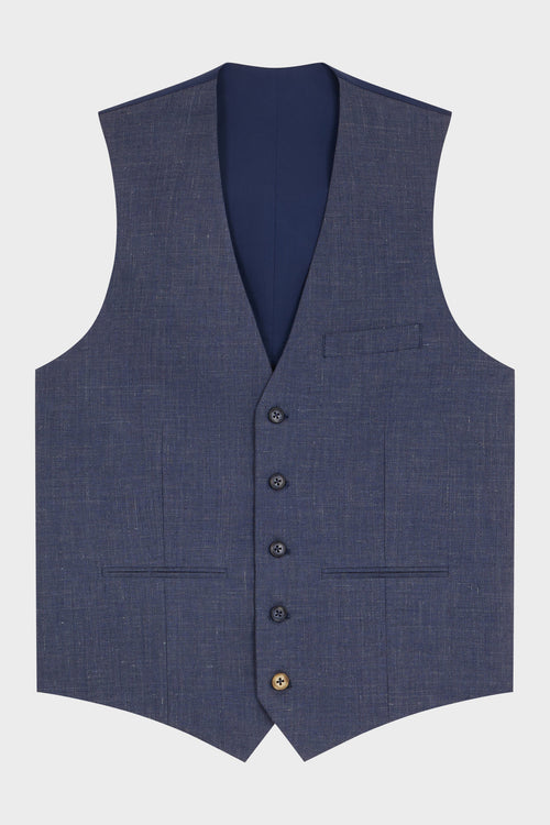 Gilet casual en lin et coton unis bleu indigo - 1 - Father & Sons   - 13 