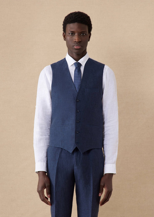 Gilet casual en lin uni bleu indigo - 1 - Father & Sons   - 16 
