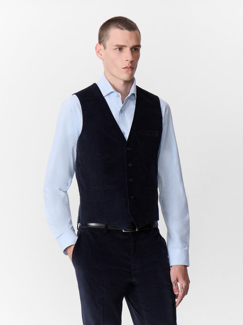 Gilet de costume en velours côtelé bleu marine - 1 - Father & Sons   - 20 