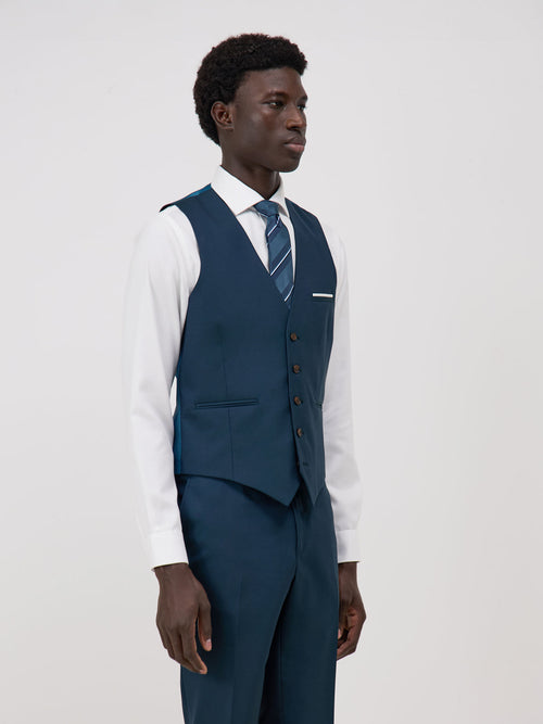 Gilet de costume en laine unie bleu prusse - 1 - Father & Sons   - 4 