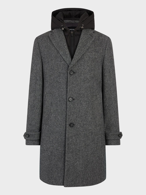 Manteau en laine mélangée anthracite à capuche amovible - Father & Sons   - 7 